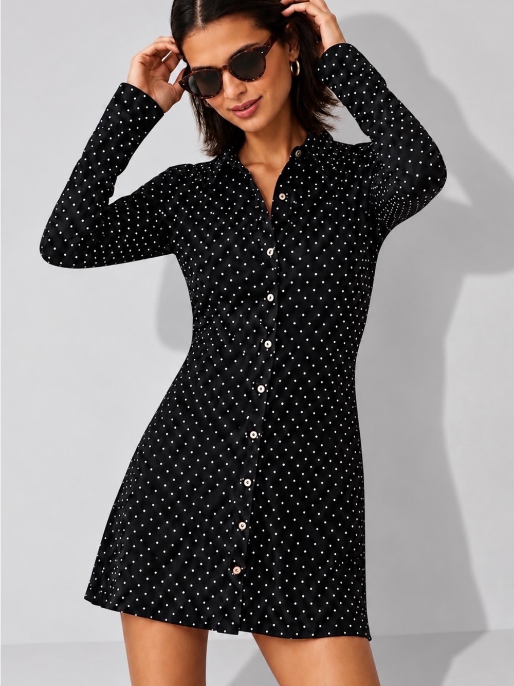 Free People This Town Polka Dot Long Sleeve Shirt Dress Size M